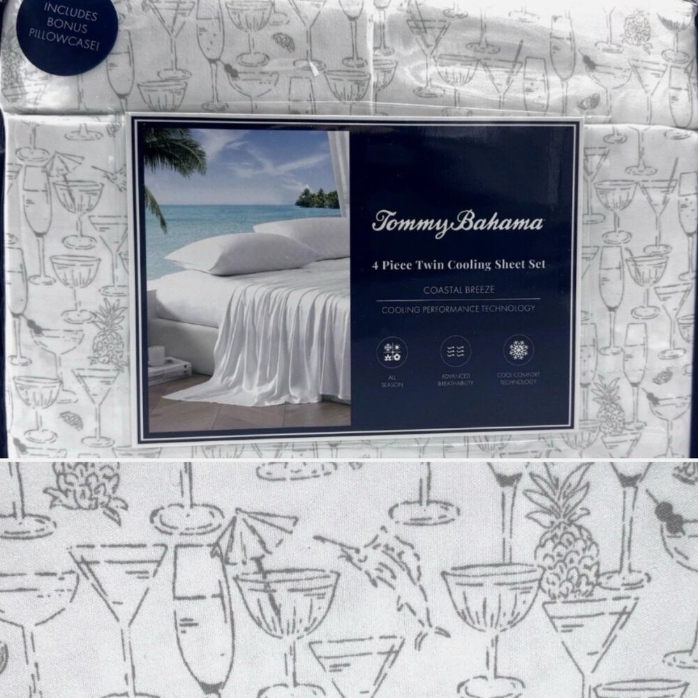 NEW 4pc Tommy Bahama Tropical Cocktail Drinks TWIN Cooling Sheet Set Island Time